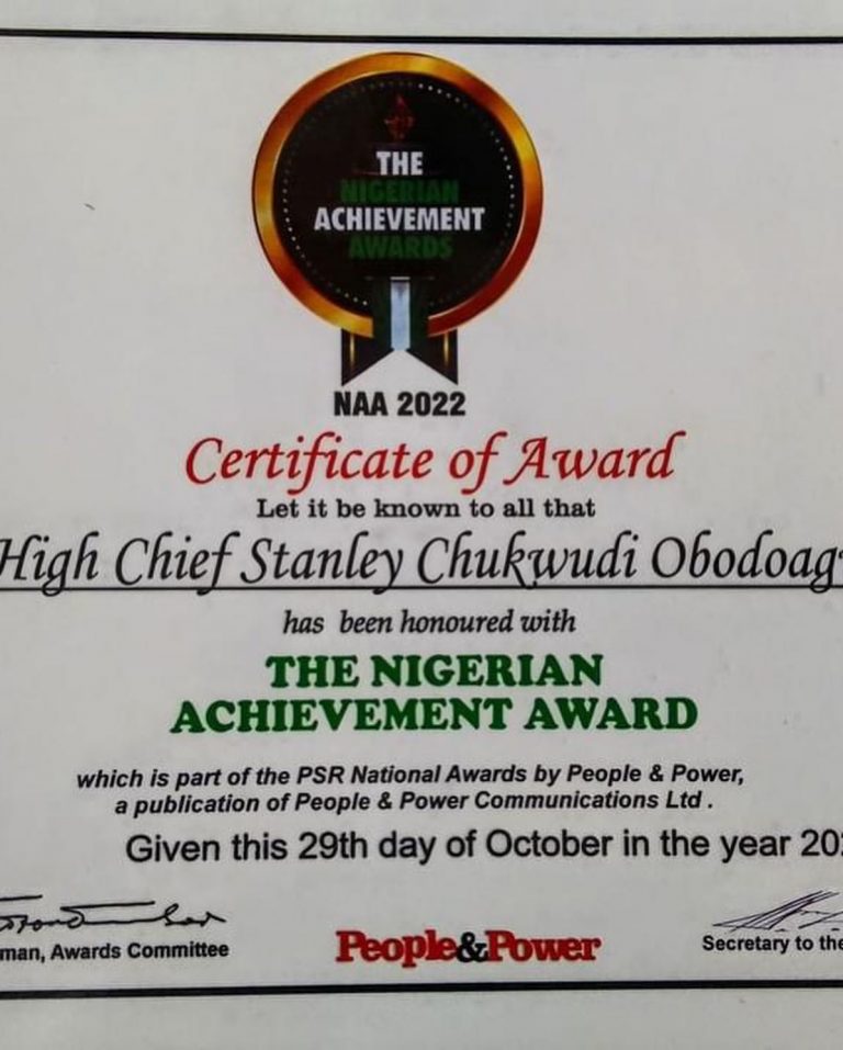 THE NIGERIAN ACHIEVEMENT AWARD PRESENTED TO HIGH CHIEF STANLEY